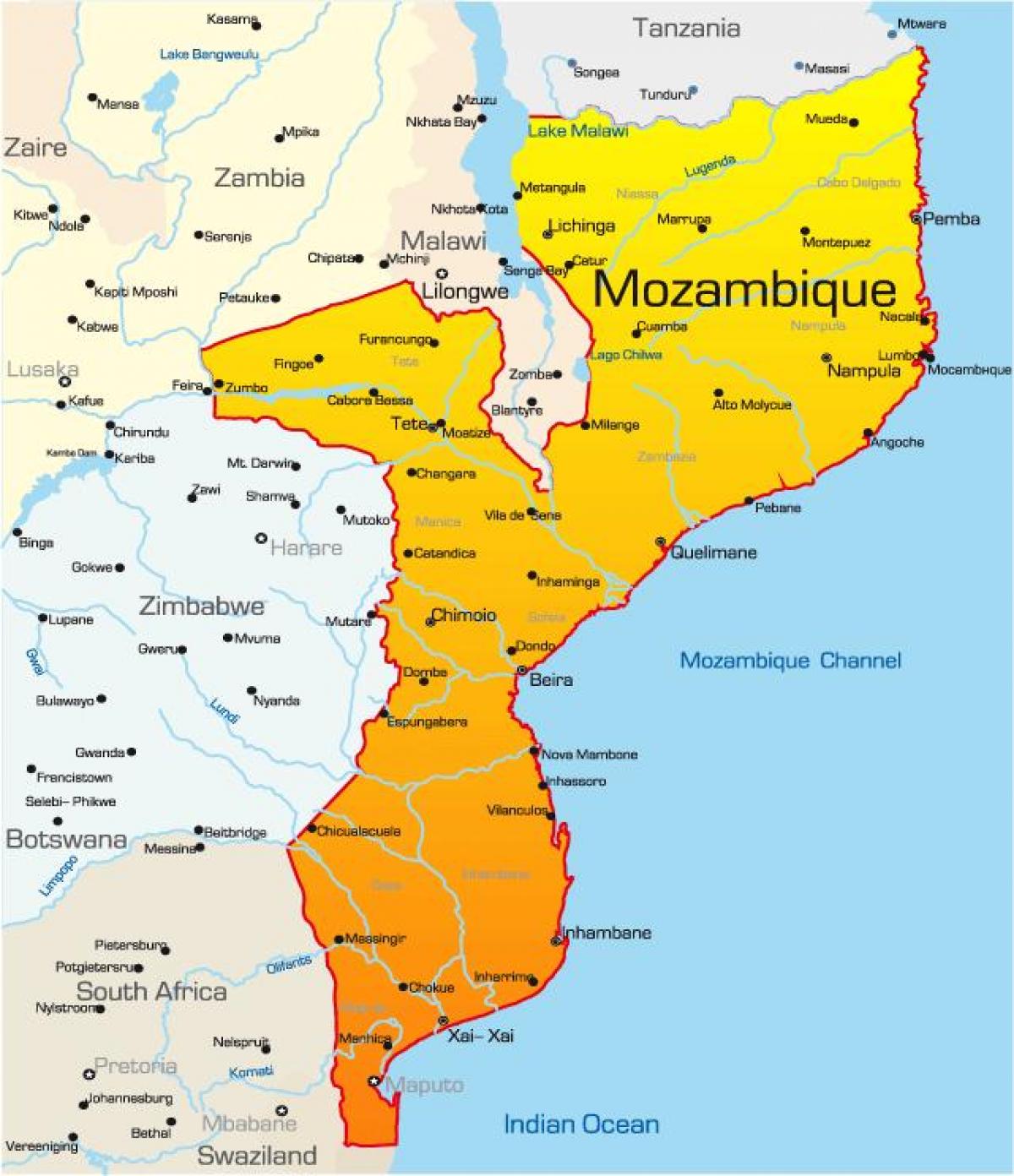 карта Мозамбіку карті з відстанями